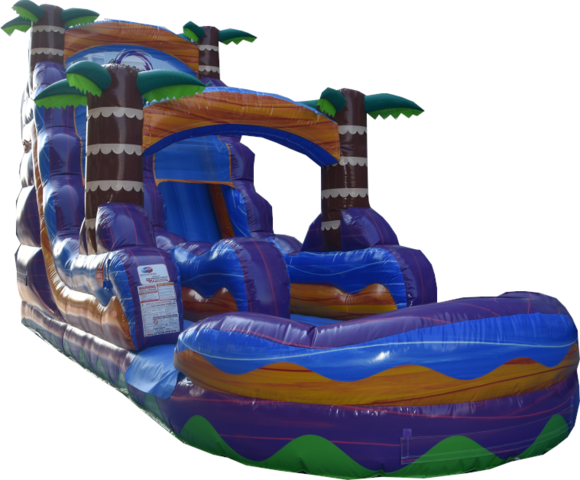 18-foot purple tropical hurricane waterslide with palm trees and splash pool